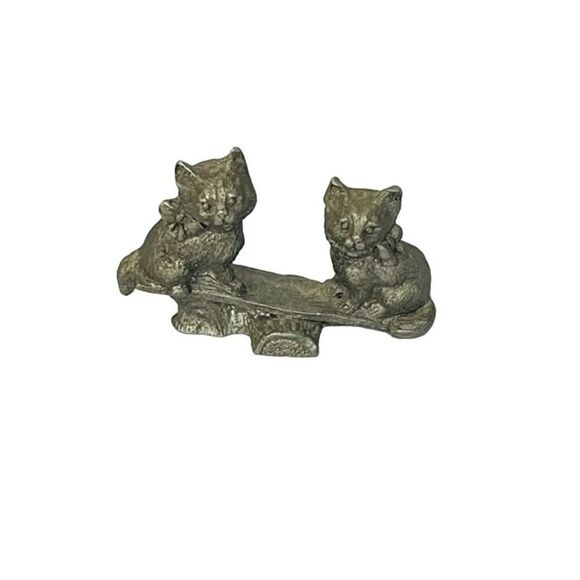 Vintage Pewter Figurine Kitten Cat Bows on See-saw Teeter Totter Spoontiques - Picture 1 of 4